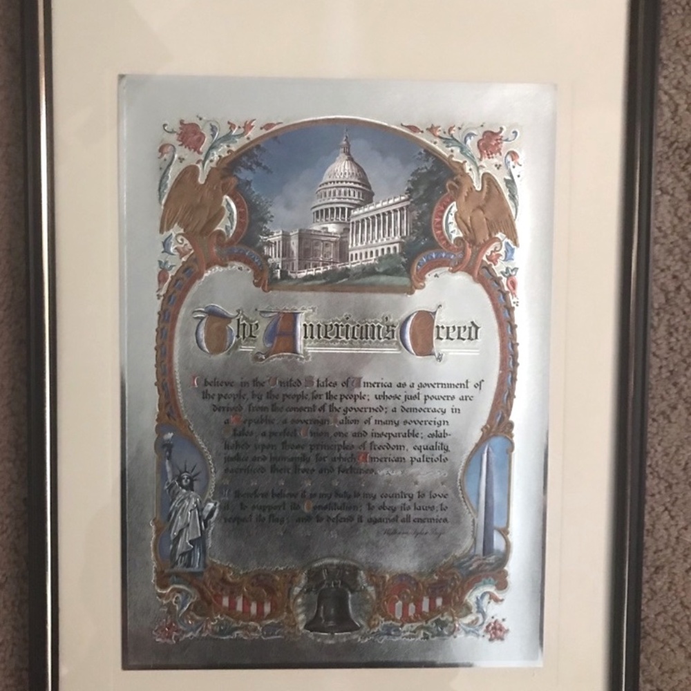 Vintage American's Creed Silver Foil Print by William Tyler Page Framed 12 X 16